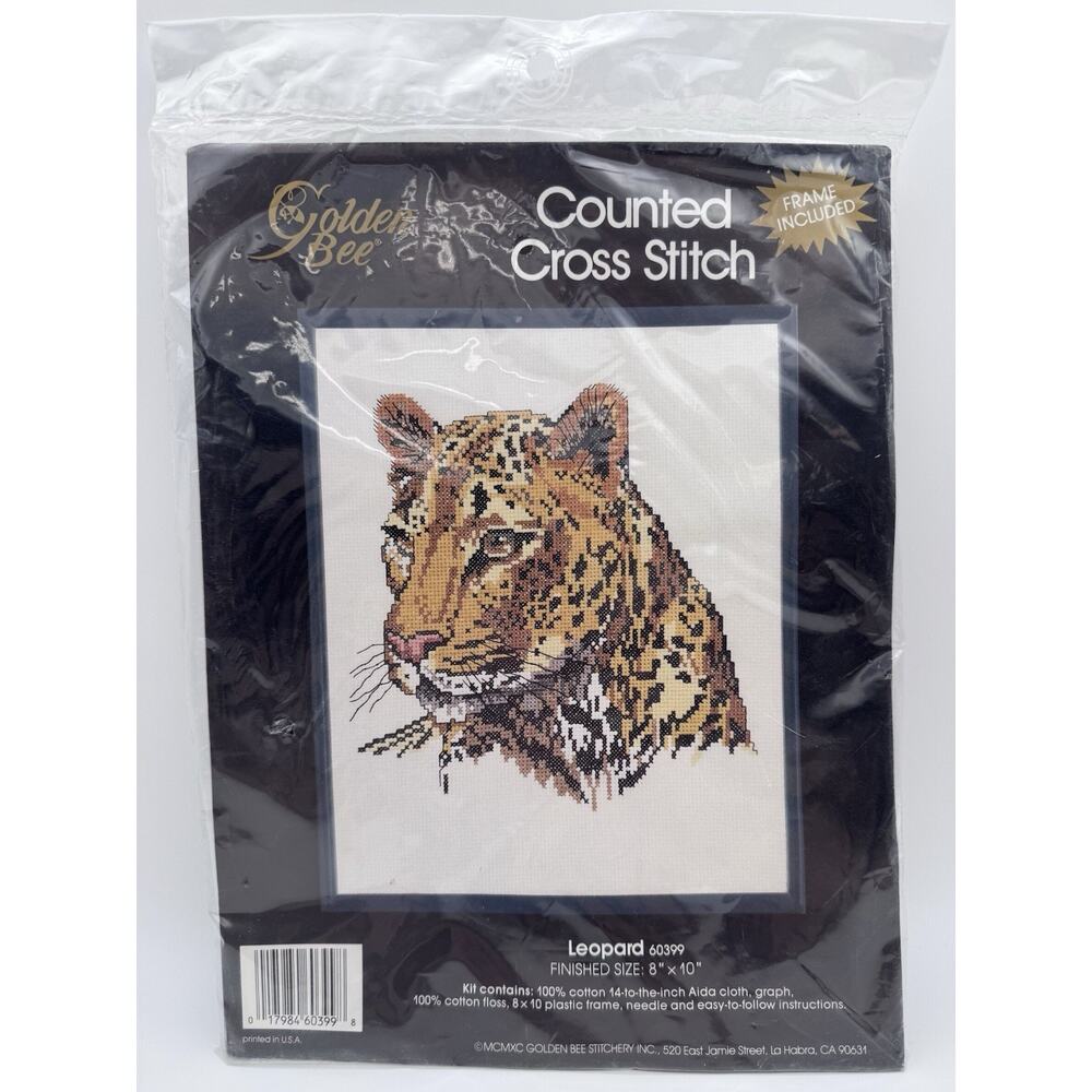 Golden Bee Leopard Counted Cross Stitch Kit #60399 - 1990 Frame Included New